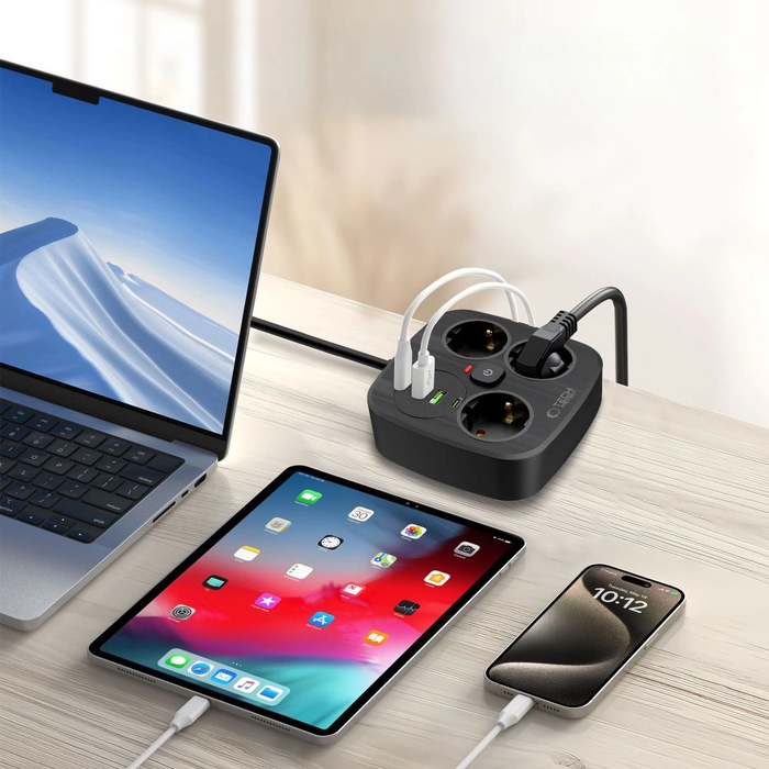 Tech-Protect PCS3X4 Power Strip 2xUSB-A, 2xUSB-C, 3xSocket AC 200cm Black