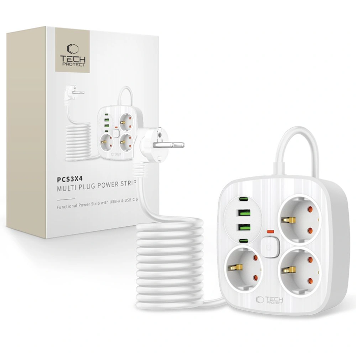 Tech-Protect PCS3X4 Power Strip 2xUSB-A, 2xUSB-C, 3xSocket AC 200cm White