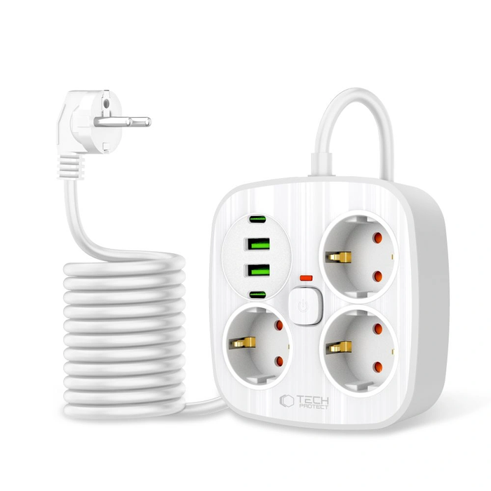 Tech-Protect PCS3X4 Power Strip 2xUSB-A, 2xUSB-C, 3xSocket AC 200cm White