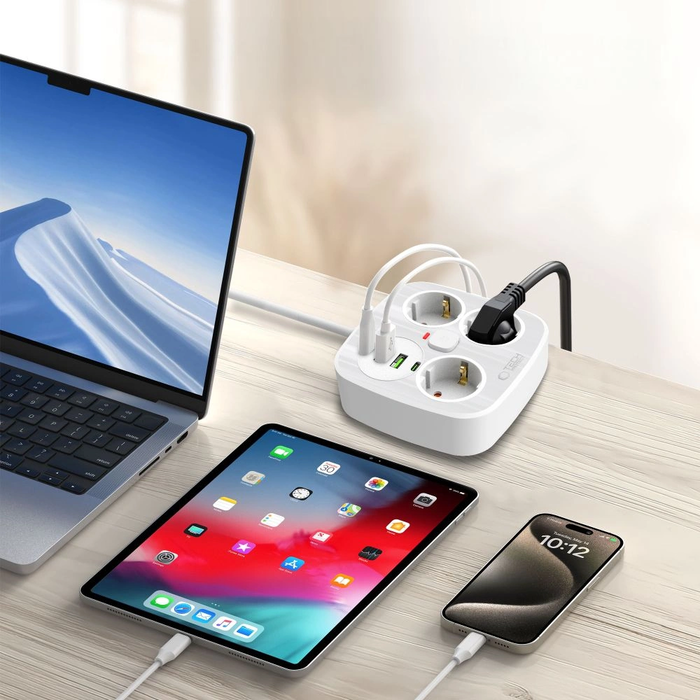 Tech-Protect PCS3X4 Power Strip 2xUSB-A, 2xUSB-C, 3xSocket AC 200cm White
