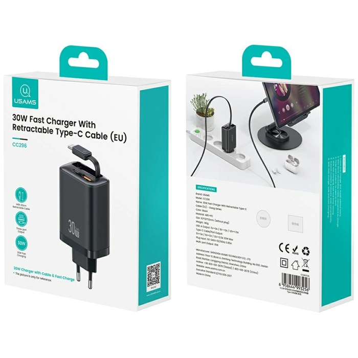 USAMS Xiang Series CC296 30W USB-A, USB-C Wall Charger + USB-C Cable white