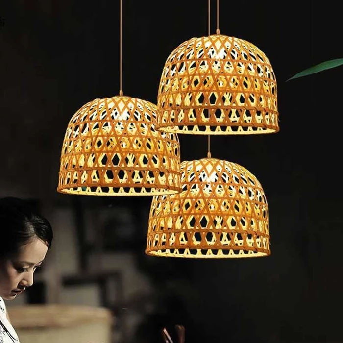 Bamboo Light - Κρεμαστό Μονόφωτο E27 Boho Μπαμπού Φυσικό Πλέγμα (M35 x Π35 x Υ22 cm) - VenCore