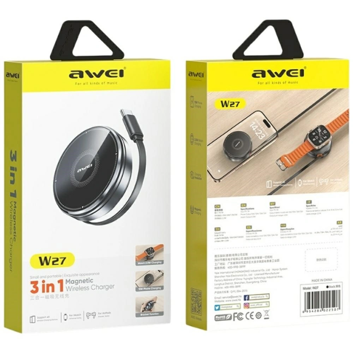 AWEI W27 15W 3-in-1 Induction Charger MagSafe for phone, watch with USB-C Fast Charging cable black