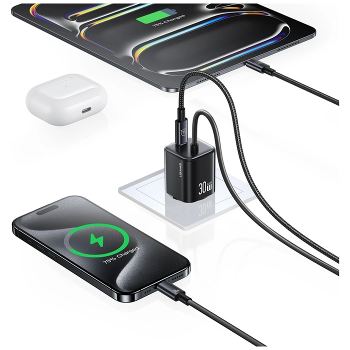 USAMS JC Series CC264 30W GaN Mini Fast Charge 2xUSB-C White Wall Charger