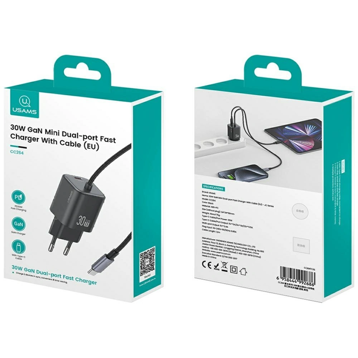 USAMS JC Series CC264 30W GaN Mini Fast Charge 2xUSB-C White Wall Charger
