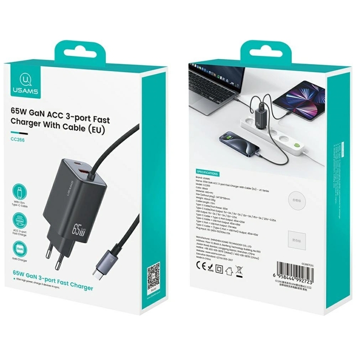 USAMS JC Series CC266 65W GaN Fast Charger USB-A, 2xUSB-C white