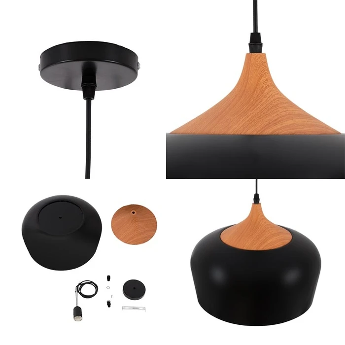 Nordic Black Wood - Κρεμαστό Μονόφωτο E27 Μαύρο Μέταλλο-Ξύλο Καμπάνα M35 x Π35 x Υ27cm - VenCore
