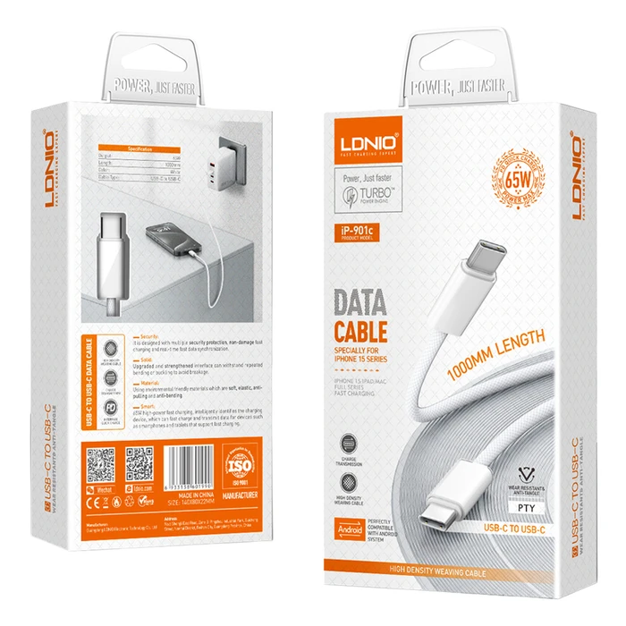 Ldnio Braided USB 2.0 Cable USB-C male - USB-C 65W Λευκό 1m