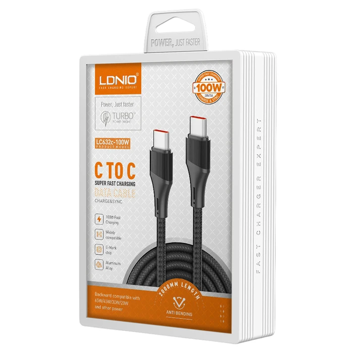Ldnio Braided USB 2.0 Cable USB-C male - USB-C 100W Μαύρο 2m