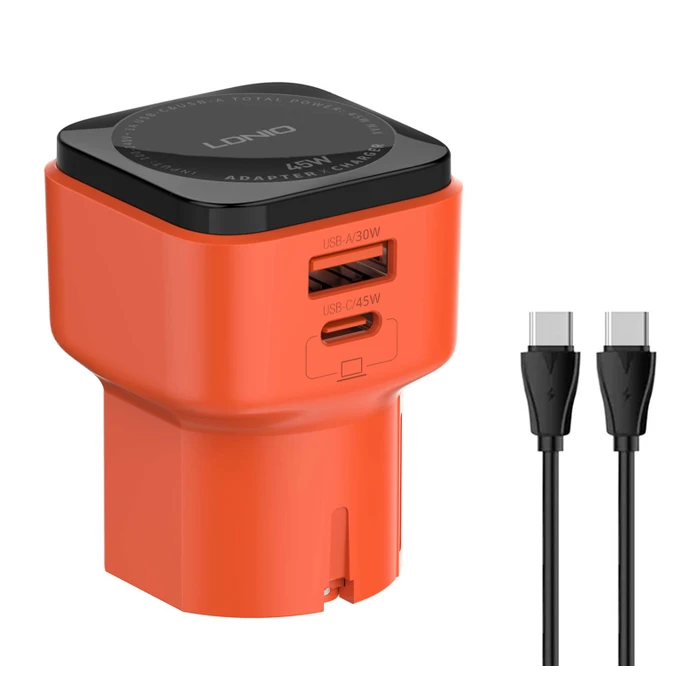 Φορτιστής Τοίχου Ldnio Q2420 με Καλώδιο, Usb/USB-C, 45W, Universal, Πορτοκαλί