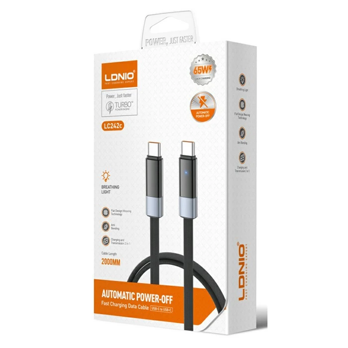 Ldnio Flat / LED / Braided USB 2.0 Cable USB-C male - USB-C 65W Μαύρο 2m