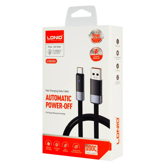 Ldnio Flat / LED / Braided USB 2.0 Cable USB-C male - USB-A 50W Μαύρο 2m