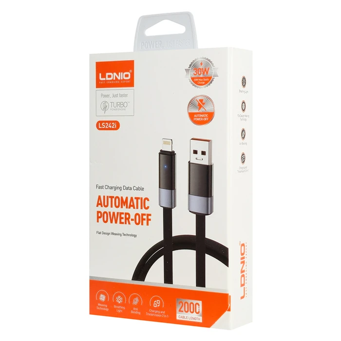 Ldnio Flat / LED / Braided USB-A to Lightning Cable 30W Μαύρο 2m