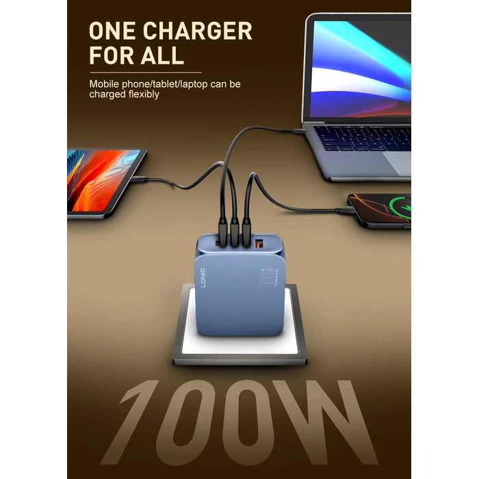 Ldnio Φορτιστής GaN με Θύρα USB-A και 3 Θύρες USB-C και Καλώδιο USB-C 100W Power Delivery / Quick Charge 3.0 Μπλε (Q8)