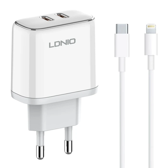 LDNIO Wall Charger A2528M with Cable 2x USB C 35W MFi White