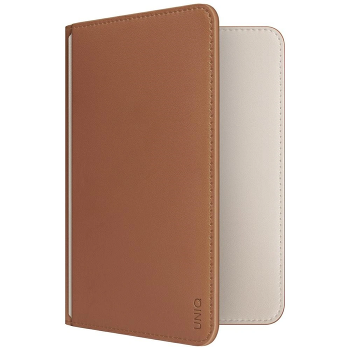 UNIQ Belmont passport case with Apple Find My, RFID blocking, caramel beige.