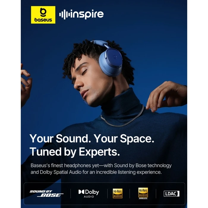 Baseus Inspire XH1 Ασύρματα Over‑Ear Ακουστικά με Ενεργή Καταστολή Θορύβου, Μπλε