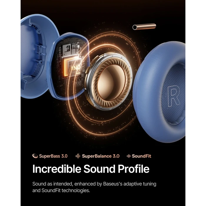Baseus Inspire XH1 Ασύρματα Over‑Ear Ακουστικά με Ενεργή Καταστολή Θορύβου, Μπλε