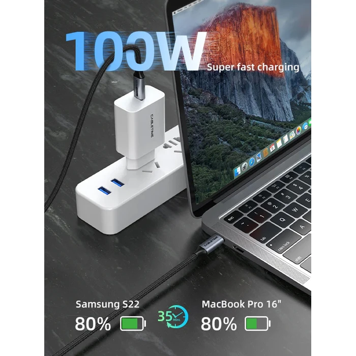 CABLETIME καλώδιο USB-C CT-C160-PU31-CMCM2 — USB 3.2 Gen 2x2, 100W, 20Gbps, 4K@60Hz, 1.5m, μαύρο (braided)