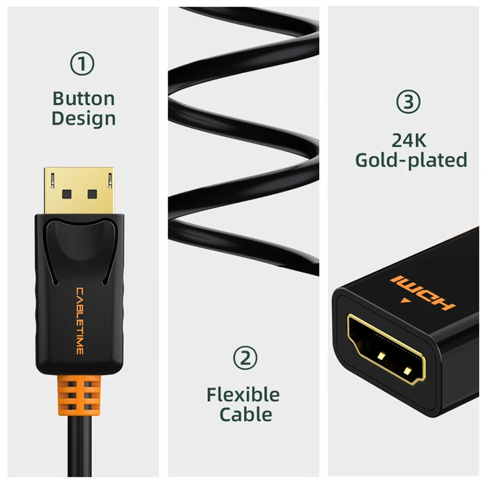CABLETIME DisplayPort to HDMI Adapter CT-AV586-01G4K, 4K/30Hz, Black