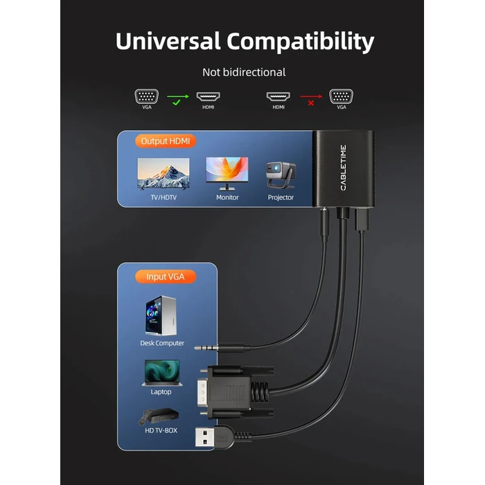 CABLETIME αντάπτορας VGA σε HDMI CT-AV582-VGAH με 3.5mm & micro USB, 1080p/60Hz, μαύρος