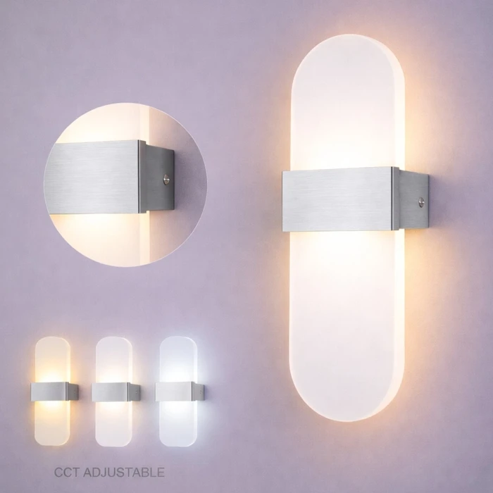 VenCore Noctua Silver 6093-20035 - Modern Wall LED Sconce 12W Silver Aluminum & Plexiglass, Adjustable CCT (Warm/Neutral/Cool) via On-Off Switch
