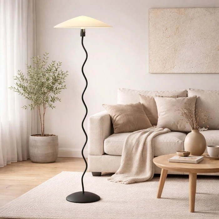 VenCore Curion White 6091-20010 - Μοντέρνο Επιδαπέδιο Φωτιστικό Μονόφωτο Λευκό Αλουμίνιο με Μπεζ Καπέλο