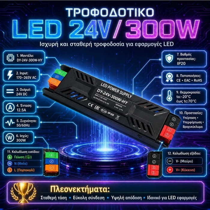 VenCore 6614-50014 - Τροφοδοτικό Αλουμινίου Υψηλής Τεχνολογίας 300W 24V 12.5A
