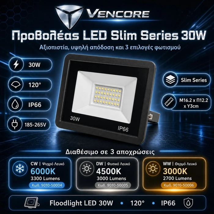 VenCore 9010-50005 - Floodlight LED Slim Series 30W 120° 3000 lm Natural White 4500K IP66