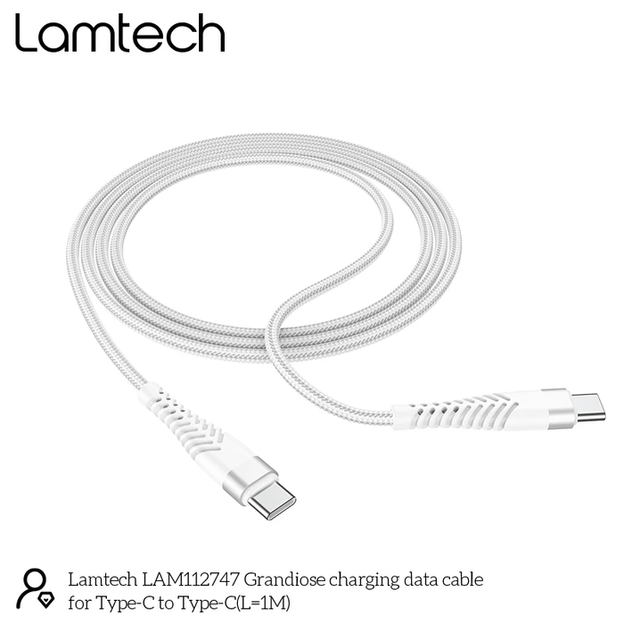 Καλώδιo USB Lamtech HQ UNBREAKABLE Type-C to Type-C WHITE 1M