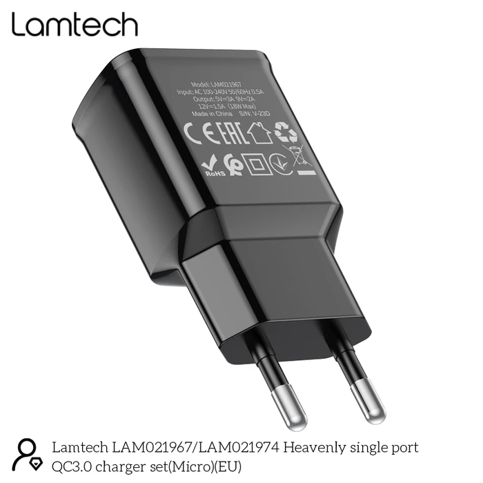 Φορτιστής Πρίζας Lamtech Quick Charger USB3.0 18W With Micro USB 1M Black