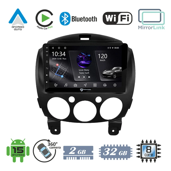 VenCore 3236-10005-0667B - Οθόνη Multimedia Android 15 9" PX5S Octa-Core 2GB/32GB IPS με Πρόσοψη, CarPlay, Android Auto & Υποστήριξη Κάμερας 360° για Mazda 2 2008-2014 – Μαύρη