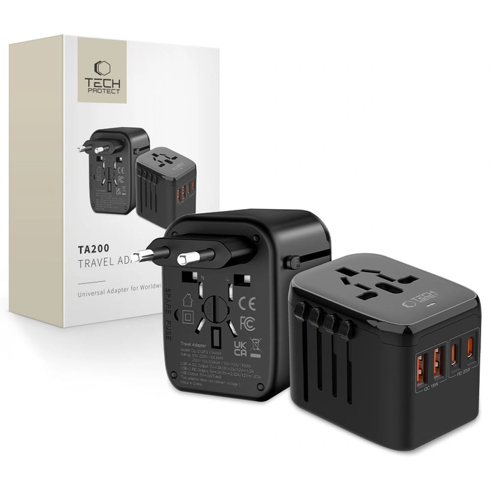 Tech-Protect TA200 Travel Adapter EU / UK / US / AU 2xUSB-A, 2xUSB-C Black