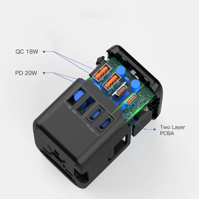 Tech-Protect TA200 Travel Adapter EU / UK / US / AU 2xUSB-A, 2xUSB-C Black