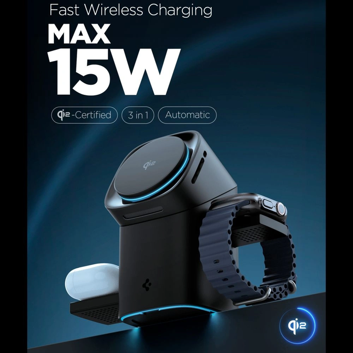 Spigen Essential EF223MS 3in1 Qi2 Rotary Magnetic MagSafe Wireless Charger Black
