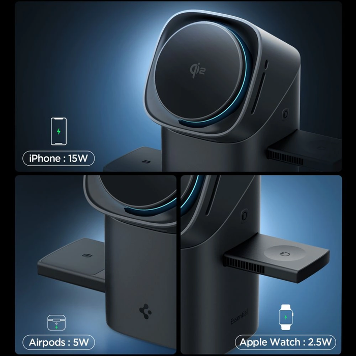 Spigen Essential EF223MS 3in1 Qi2 Rotary Magnetic MagSafe Wireless Charger Black