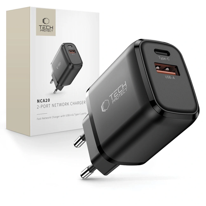 Tech-Protect NCA20 USB-A, USB-C Network Charger PD 20W / QC3.0 Black