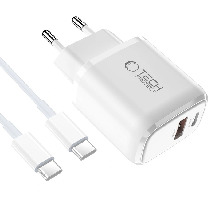 Tech-Protect NCA30 USB-A, USB-C Network Charger PD 30W / QC3.0 + USB-C Cable White