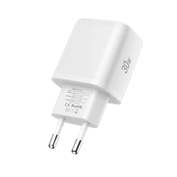 Tech-Protect NCA30 USB-A, USB-C Network Charger PD 30W / QC3.0 + USB-C Cable White