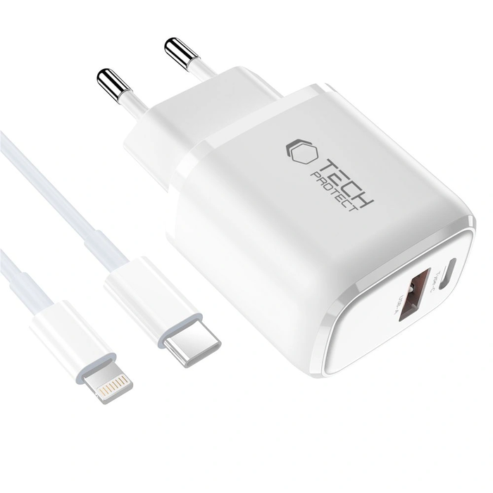 Tech-Protect NCA20 USB-A, USB-C Network Charger PD 20W / QC3.0 + Lightning Cable White