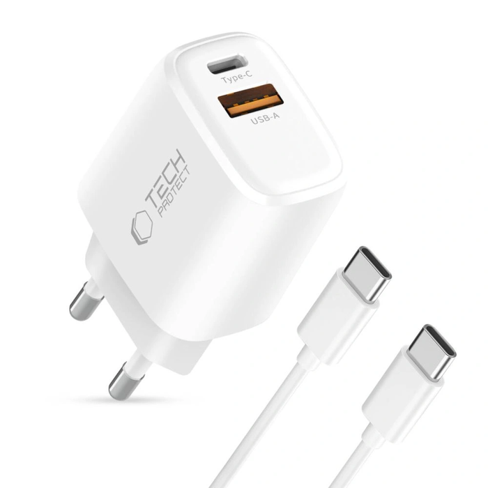 Tech-Protect NCA20 USB-A, USB-C Network Charger PD 20W / QC3.0 + USB-C Cable White