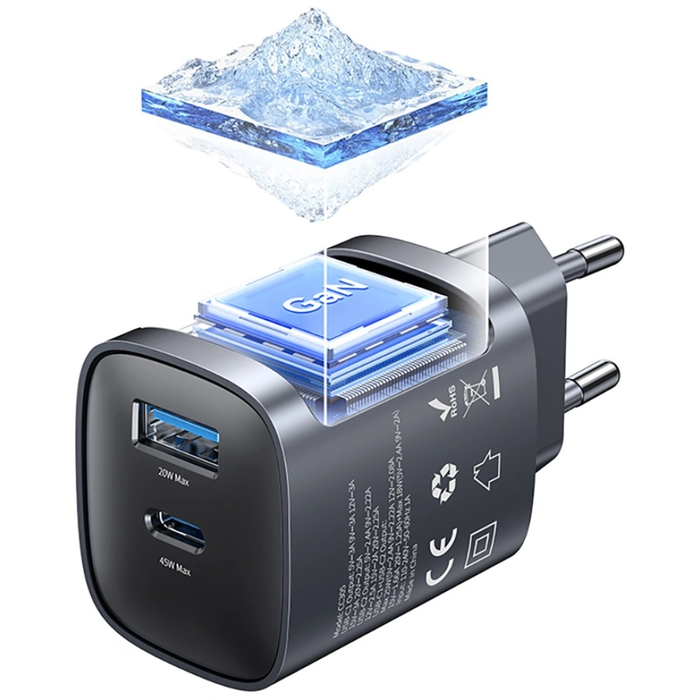 USAMS CC290 T66 45W GaN USB-A, USB-C wall charger tarnish