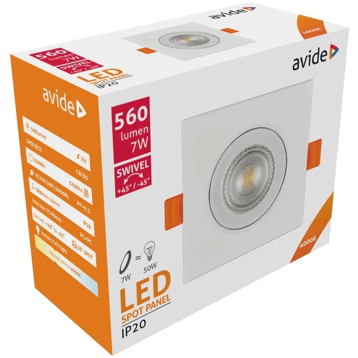 Χωνευτό Σπότ Avide LED 38° Τετράγωνο 7W Λευκό 4000K
