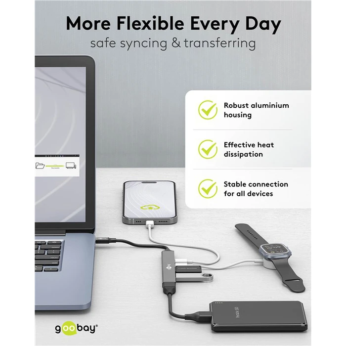 USB Hub Goobay 74460, 5x θυρών, USB 3.2, 5Gbps, 100W, USB-C σύνδεση, γκρι