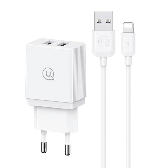 USAMS 2xUSB-A 18W Wall Charger + USB-A / Lightning Fast Charging Cable White