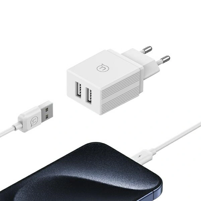 USAMS 2xUSB-A 18W Wall Charger + USB-A / Lightning Fast Charging Cable White