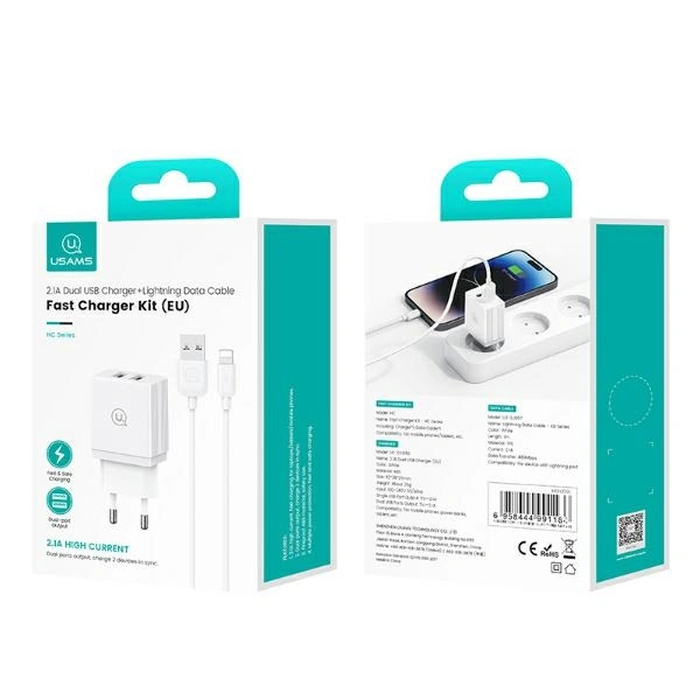 USAMS 2xUSB-A 18W Wall Charger + USB-A / Lightning Fast Charging Cable White