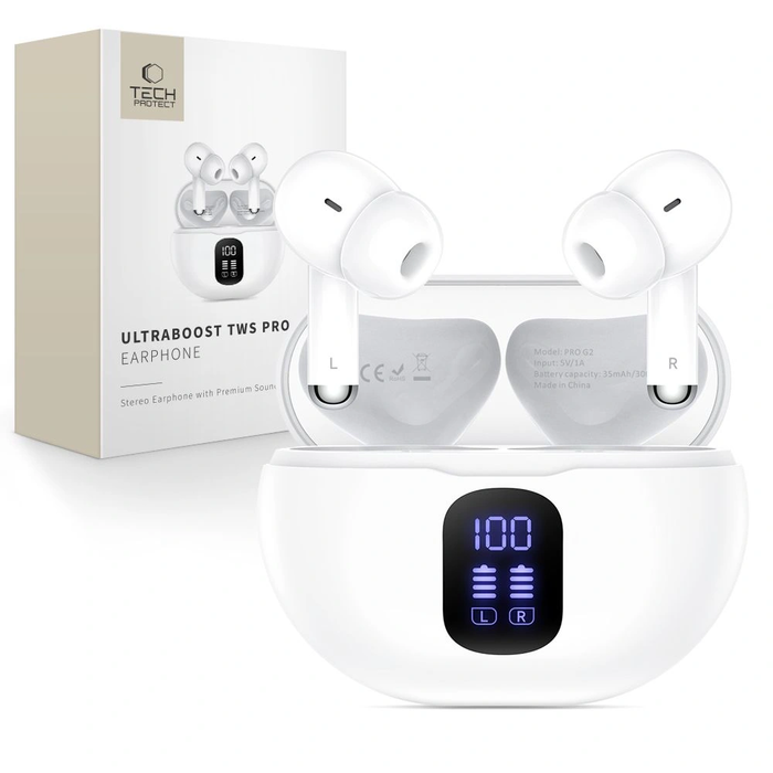 Tech-Protect UltraBoost TWS Earphone Pro G2 White Wireless In-Ear Headphones