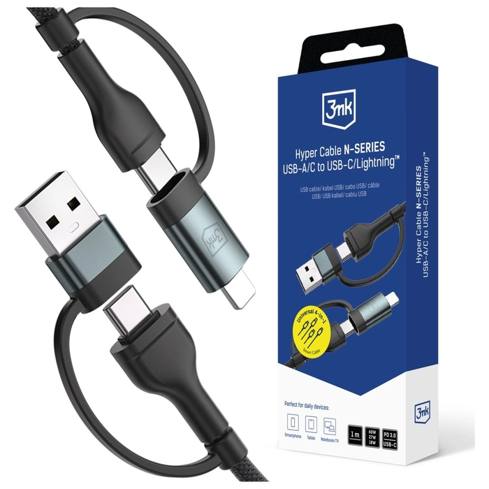 Kabel 3MK Hyper Cable N-SERIES USB-A/USB-C for USB-C/Lightning 1.2m 9V/2A 60W