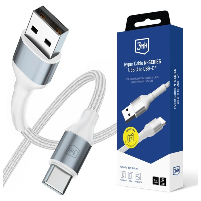 Kabel 3MK Hyper Cable N-SERIES USB-A for USB-C 1m 9V/2A 18W White